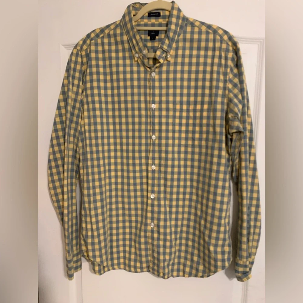 J.Crew Slim Fit Plaid Button Down Shirt Mens Large Yellow Blue Cotton